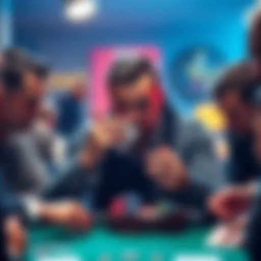 A poker player making a bluff during a hand, focused on their cards while others watch closely