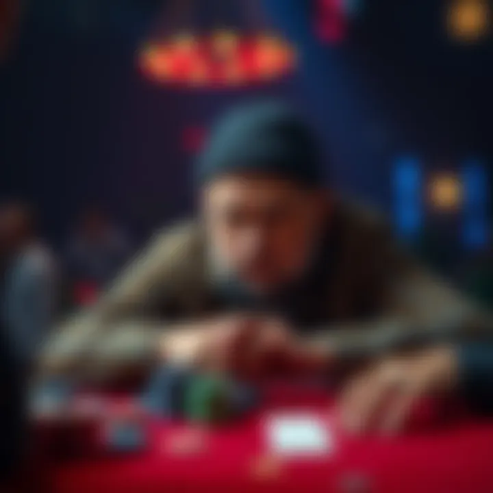Poker player making a bold move A focused poker player contemplating a high-risk strategy at the table with cards and chips in front of them