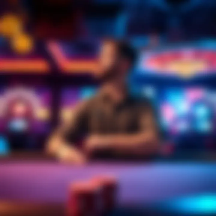 A focused poker player stands up from the table, stretching and taking a short break during a game to reset their mind.