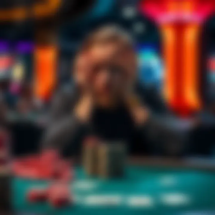 A poker player sits at a table, reflecting while holding their head in their hands, looking stressed from burnout.