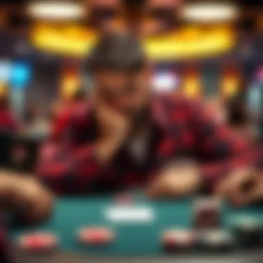 A poker player is deep in thought at a table, contemplating a call in a tense moment during a high-stakes game, with a full house hand showing