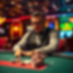A professional poker player sitting at a casino table with chips, appearing frustrated after being banned, reflecting on his lawsuit.