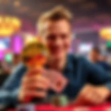 A poker player smiles while holding a trophy and cards, celebrating nearing 10,000 multi-table tournaments played with a high return on investment.