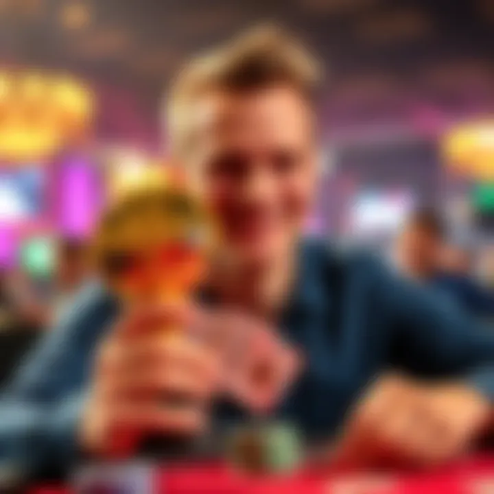 Poker player celebrating MTT milestone A poker player smiles while holding a trophy and cards, celebrating nearing 10,000 multi-table tournaments played with a high return on investment.
