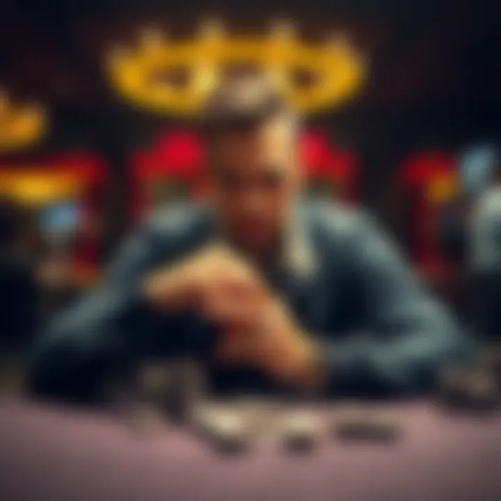 A poker player sitting at a table, counting chips with a determined look, symbolizing a challenge to grow a bankroll.
