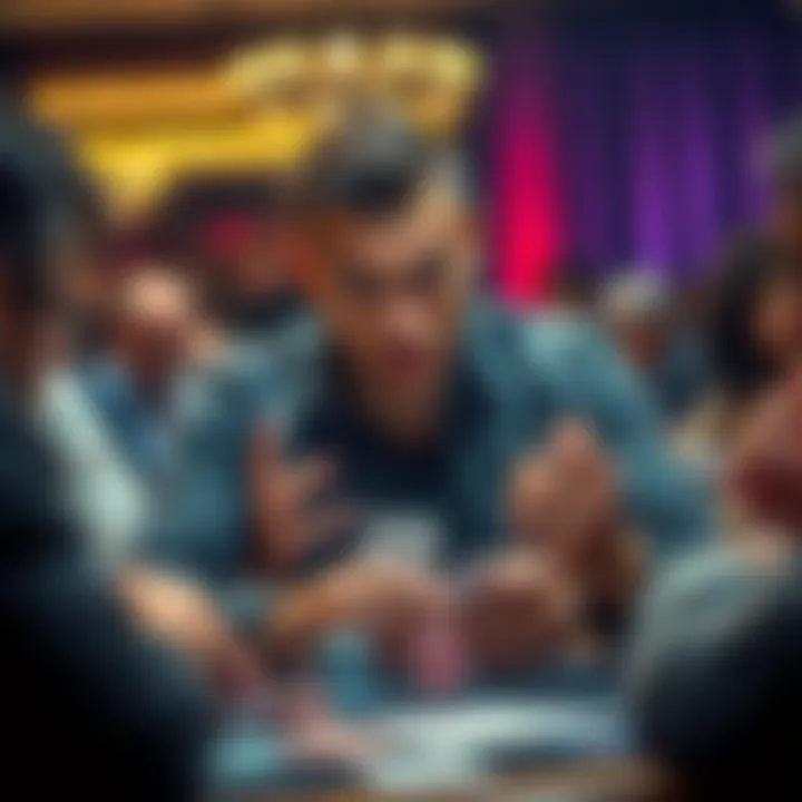 A poker player examining their cards with a worried expression, surrounded by fellow players at a table with poker chips and cards in view.