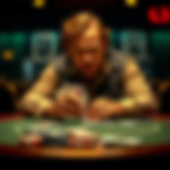 Poker player with cards at a table A tense moment at a poker table where a player accidentally glimpses an opponent's card while dealing with a dropped food tray, leading to a moral dilemma.