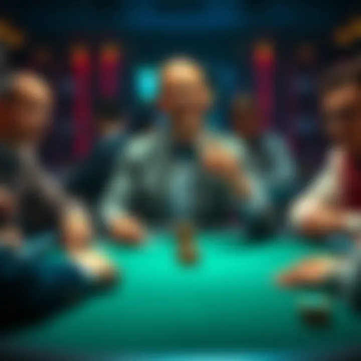 A poker player confidently showing their hand at a table, surrounded by attentive opponents, illustrating a pivotal moment in a game.