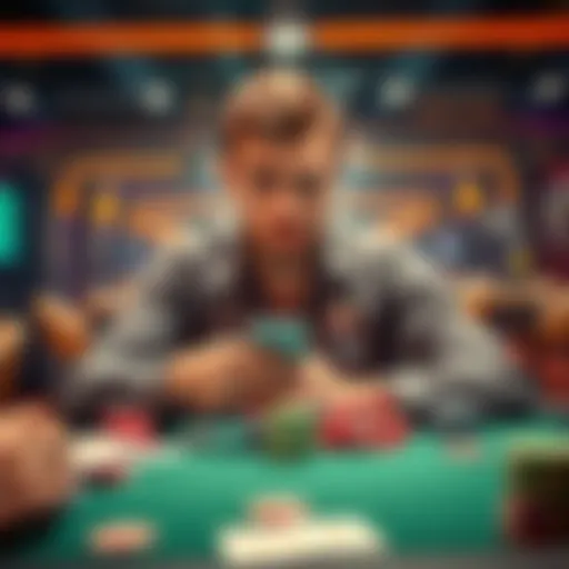A poker player sitting at a table with a worried expression, holding their phone, surrounded by poker chips and cards, symbolizing the trouble of converting ETH to CHP