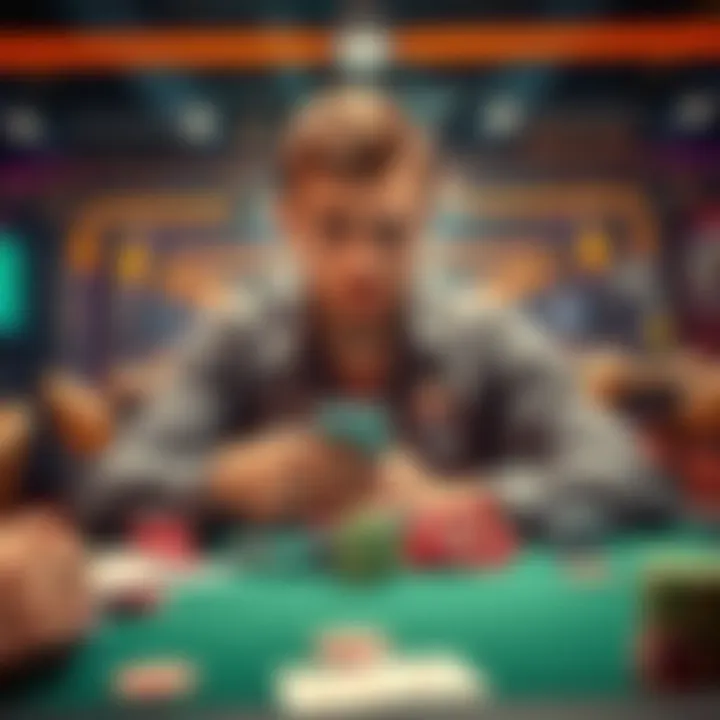 A poker player sitting at a table with a worried expression, holding their phone, surrounded by poker chips and cards, symbolizing the trouble of converting ETH to CHP