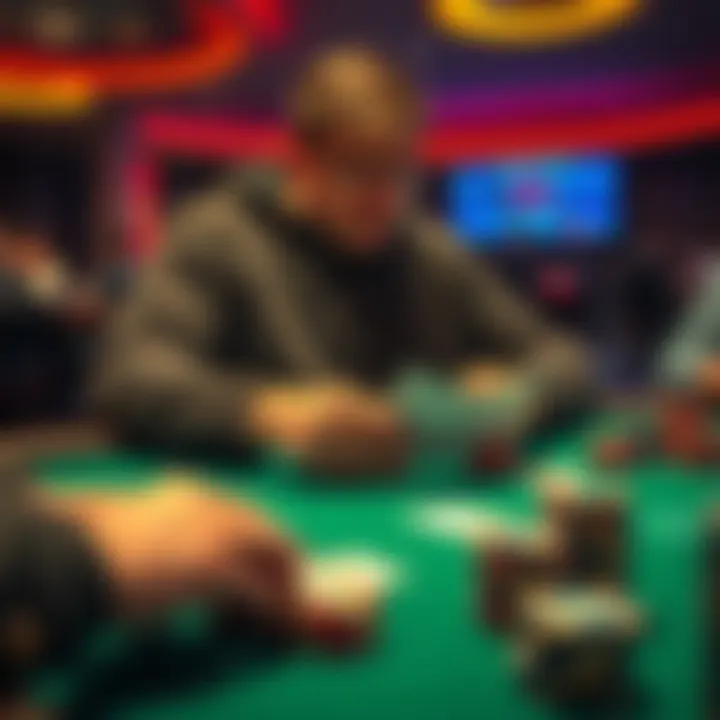 Poker player examining cards at a table A poker player looks confused while analyzing their hand and the cards on the table during a tense moment in a game.