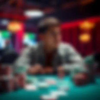 Poker player contemplating challenges A poker player sitting at a table, looking thoughtful, surrounded by poker chips and cards, symbolizing the barriers to success in poker.