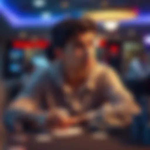 A young poker enthusiast sitting at a table with cards, looking thoughtful about their game strategy, expressing a mix of excitement and anxiety.