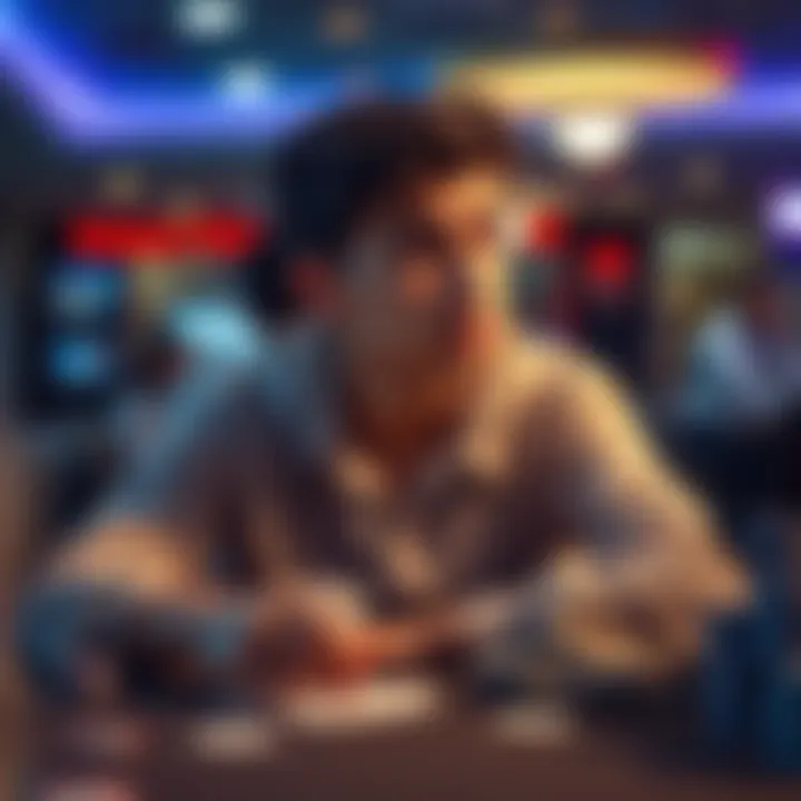 A young poker enthusiast sitting at a table with cards, looking thoughtful about their game strategy, expressing a mix of excitement and anxiety.