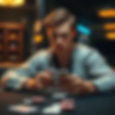 Poker player contemplating a hand A new poker player sitting at a table with cards in hand, looking uncertain about whether to bet or fold.