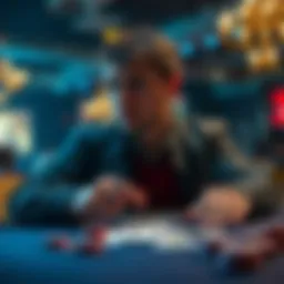 A focused poker player sitting at a table, looking serious while holding poker chips, with cards spread out in front.