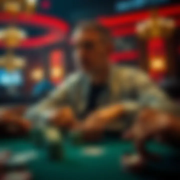 A focused poker player managing emotions while playing at a table during a game, avoiding impulsive betting