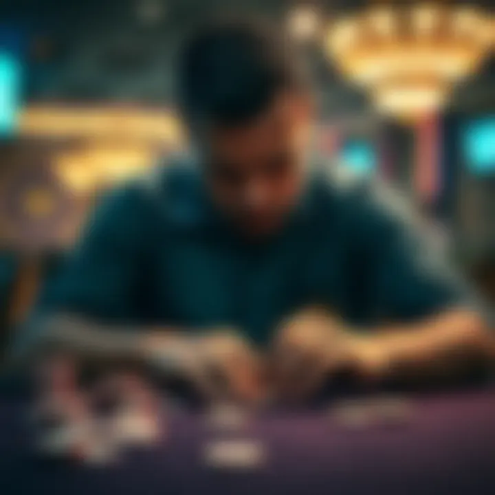 A poker player at a table looking frustrated, with chips scattered around, as he faces accusations and legal battles.