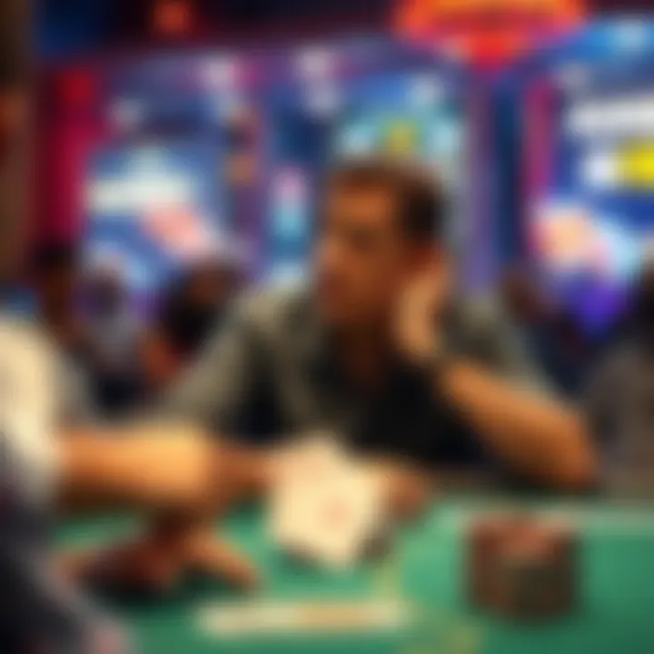 A new poker player looks worried at a table with cards showing AJ off suit, contemplating a fold after an all-in bet from another player.