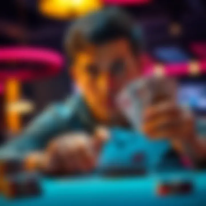 A poker player looks thoughtful while considering his options with a hand of cards showing middle and top pairs.