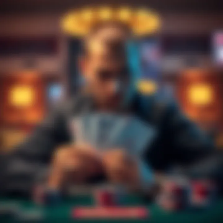 Poker player contemplating a tough decision A poker player holds QdQs, deep in thought over whether to call a flop jam, showing tension and focus