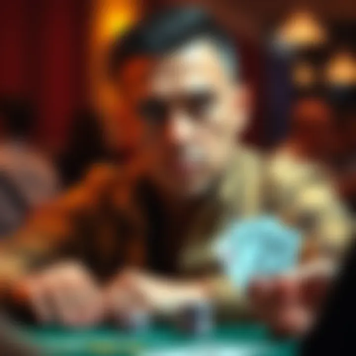 A poker player looks serious while considering a tough choice with A♠J♠ in a 3bet pot against an unknown opponent.