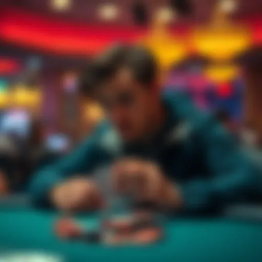 A poker player with focused expression sits at a table, considering a tough decision after an aggressive bet in a live cash game, cards in hand, and chips in front.