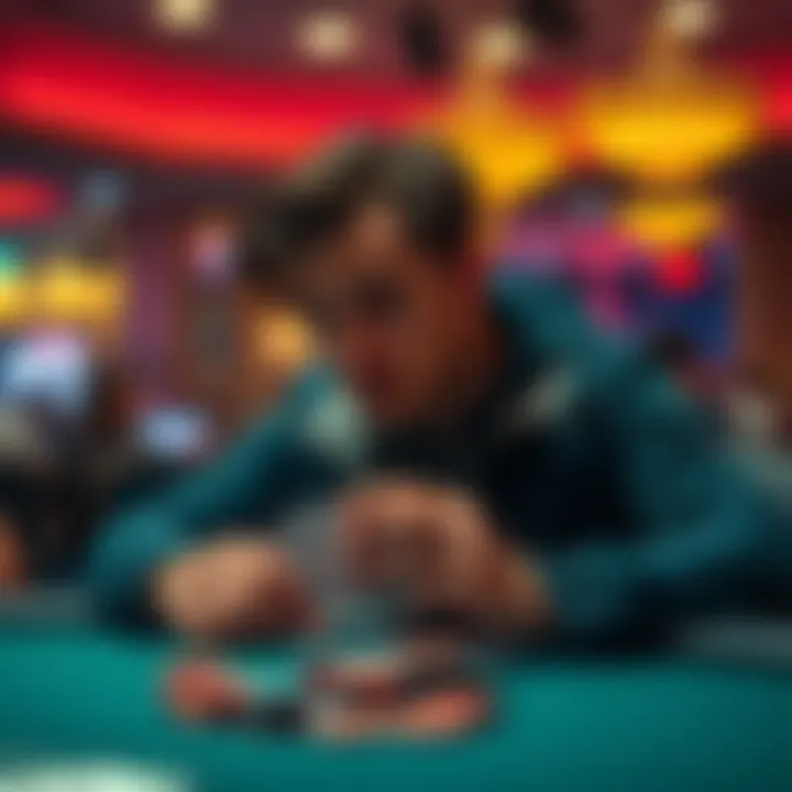 A poker player with focused expression sits at a table, considering a tough decision after an aggressive bet in a live cash game, cards in hand, and chips in front.