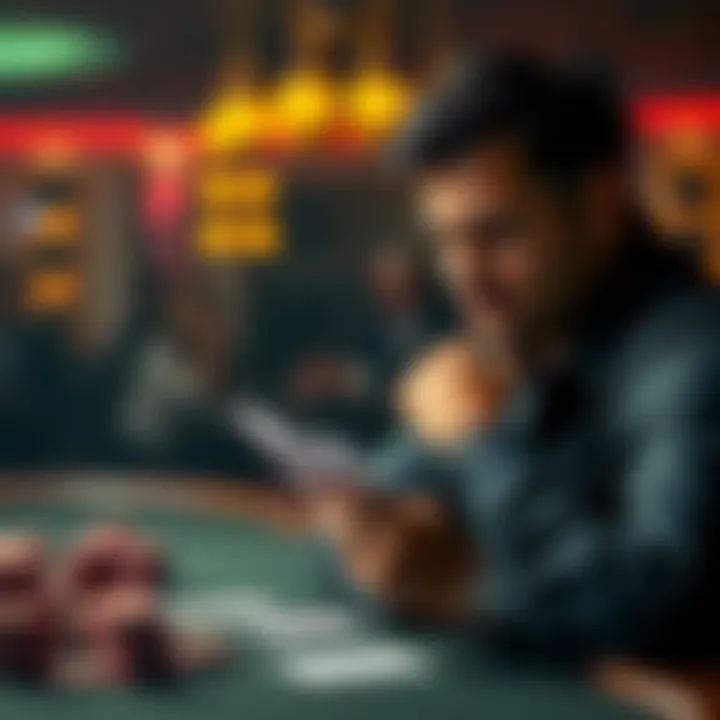 A focused poker player sitting at a table, deep in thought while looking at their cards, representing the struggle of decision-making in a game.