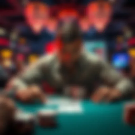 A focused poker player considering a crucial call with cards on the table and a visible '6' on the river.
