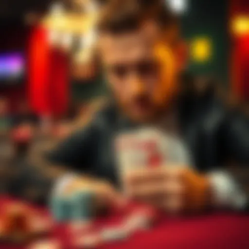 A poker player focused on a hand with pocket queens, looking at chips and cards on the table, contemplating a big decision after an opponent's all-in move.