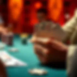 A close-up view of a poker player's hand holding AsKd, contemplating a tough decision during a high-stakes game.