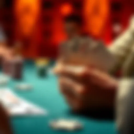 A close-up view of a poker player's hand holding AsKd, contemplating a tough decision during a high-stakes game.