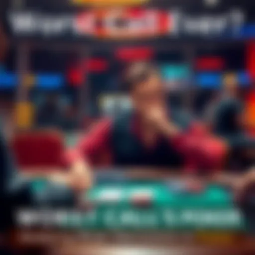 A poker player sits at a table looking thoughtful while studying their cards and the board, deep in thought about a tough river decision.