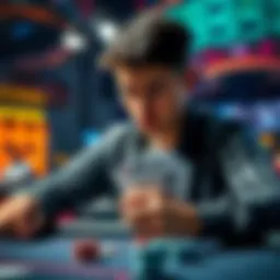 A poker player contemplating a fold at the table with cards in hand, showing tension and focus in a tournament setting.