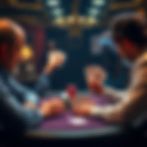 A poker player sits at a table, contemplating a fold while holding a pair of queens, with chips in front and an opponent looking at their cards.