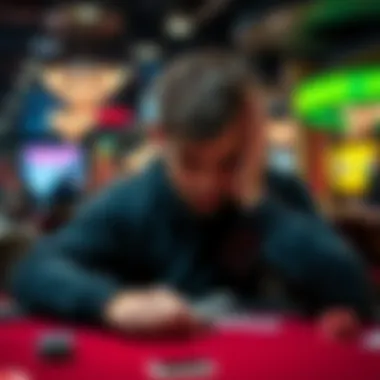 Poker player looking disappointed at a poker table A distressed poker player holding their head in their hands at a casino table, reflecting on a tough loss