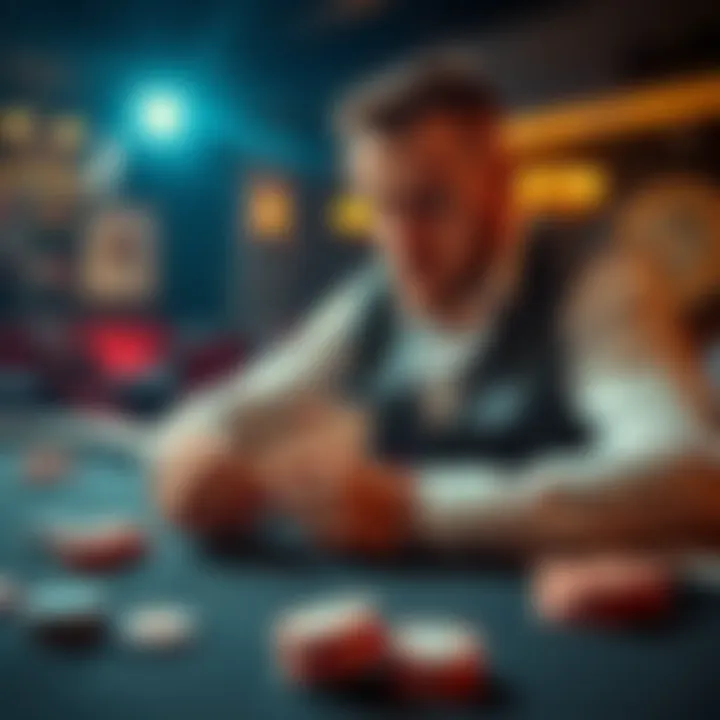 A poker player at a blackjack table doubling down with a soft 20 against a dealer showing a 4. The player's focused expression indicates a strategic decision. Cards and chips are visible on the table.