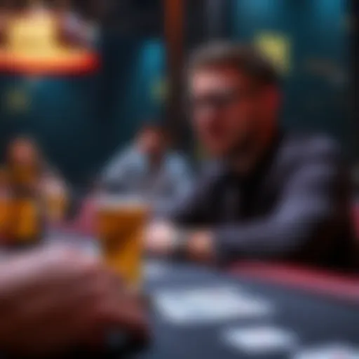A poker player sitting at a table, holding a beer while contemplating their next move in a tense game.