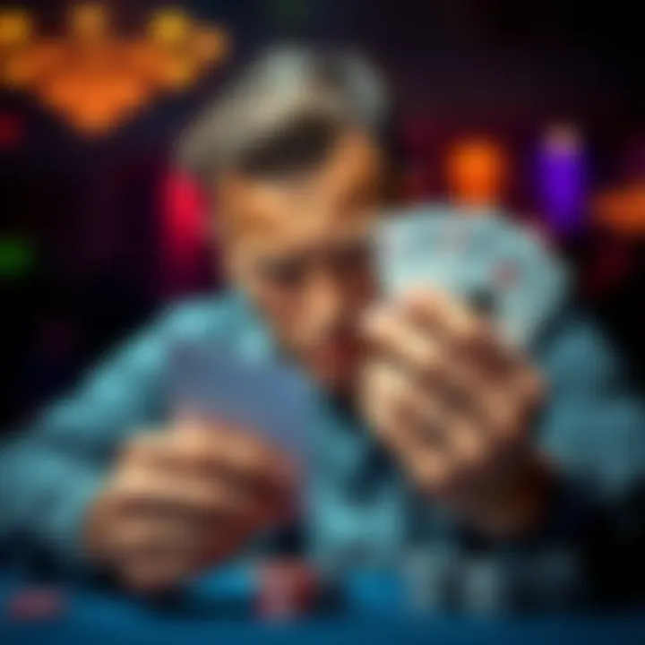 Poker player evaluating a hand A focused poker player analyzing their cards with a concerned look, reflecting on whether to chase a flush draw.