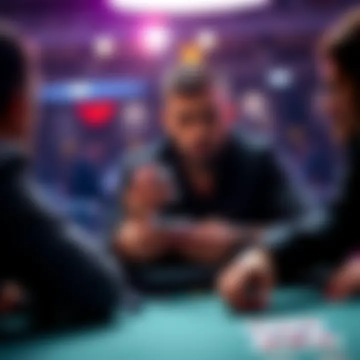 A poker player sitting at a table, analyzing opponents' moves while holding cards, focused on the game