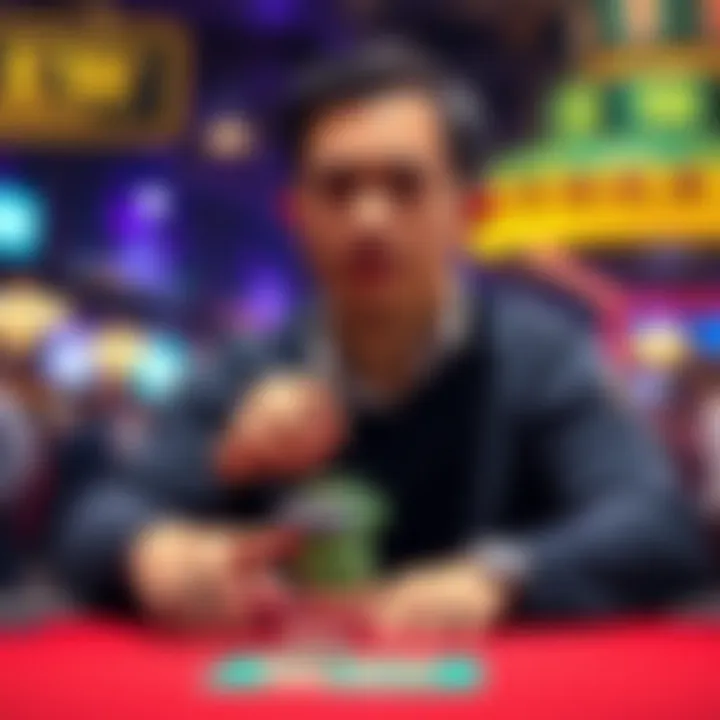 Poker player at final table A focused poker player with a stack of chips at the final table, celebrating a recent victory after tough competition.