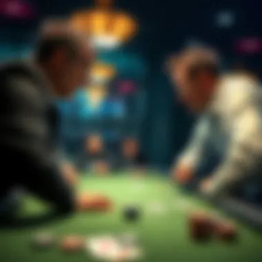 A concerned poker player at a table, discussing a disputed floor ruling with two staff members, with poker chips and cards visibly on the table.