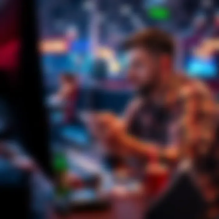 A poker player sitting at a computer with cards and chips, concentrating on the game while enjoying a snack and drink