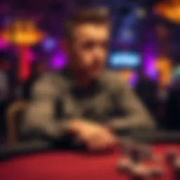 Poker player contemplating folding A focused poker player sitting at a table with chips, thinking deeply about whether to fold their hand in a high-stakes game.