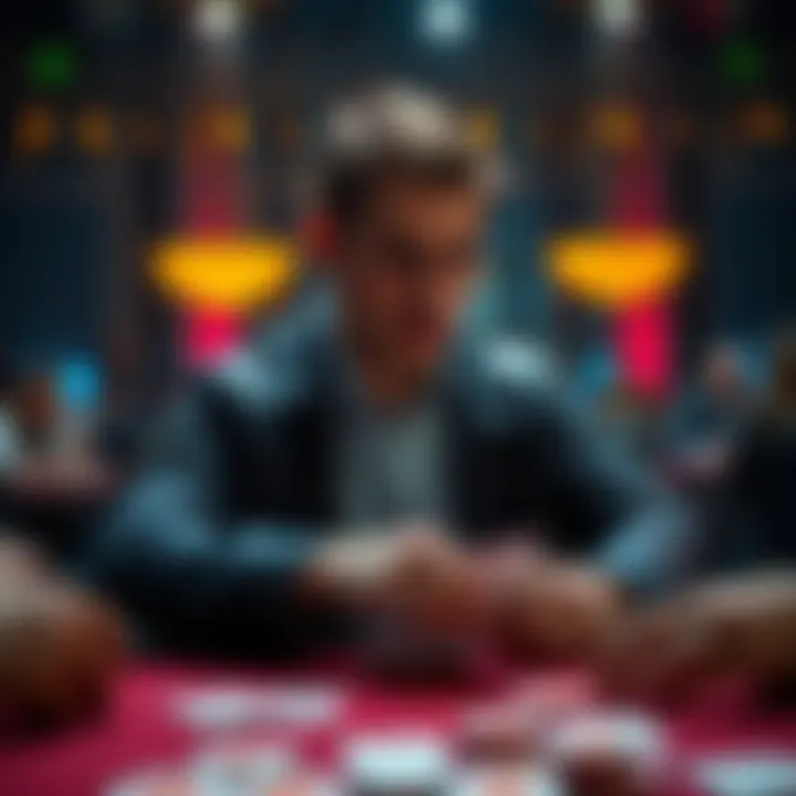 A poker player sits at a table, looking thoughtful after folding their hand, with cards and chips in front of them