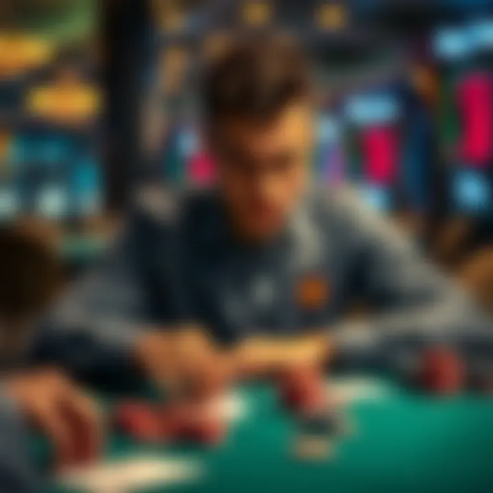 A poker player sitting at a table with a serious expression, considering whether to fold their hand, surrounded by chips and cards.