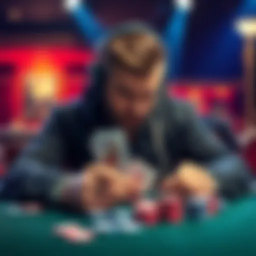 A poker player deep in thought while folding their cards, showing a tense moment at the table with chips and cards visible