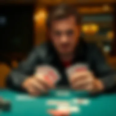 A focused poker player at a table accidentally folding a winning hand of cards, showing shock and regret on their face.