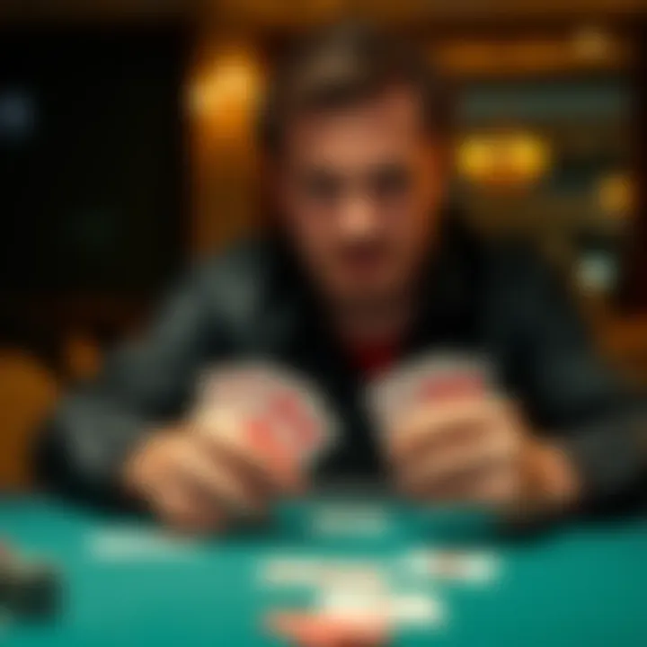 Poker player folding cards A focused poker player at a table accidentally folding a winning hand of cards, showing shock and regret on their face.